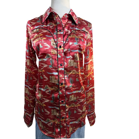 Rock & Roll Denim Western Shirt Red Desert Cactus Print Fringe Snap Button SM - Picture 2 of 11